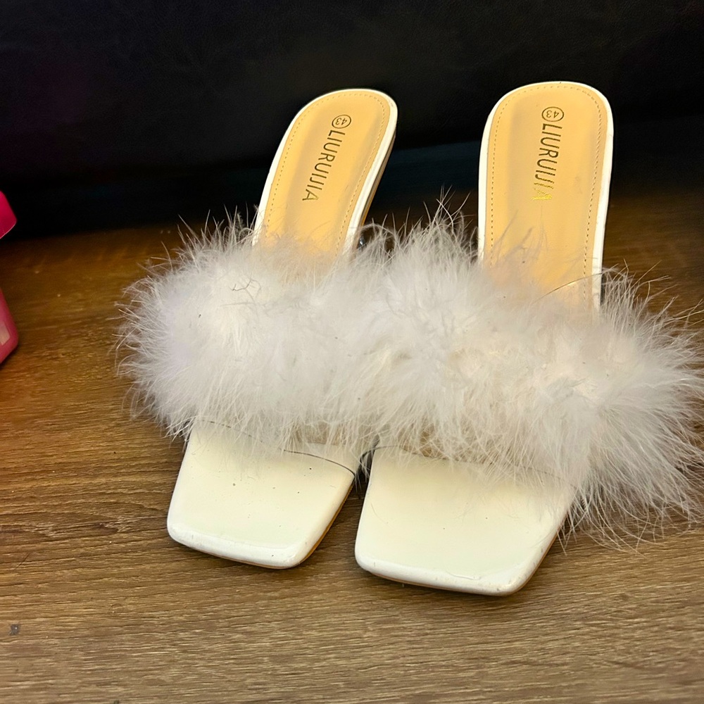 White Feather Trim Mules with Square Toe